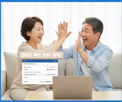 노트북으로 세금 및 건강보험료 환급금을 확인하고 하이파이브하며 기뻐하는 부부