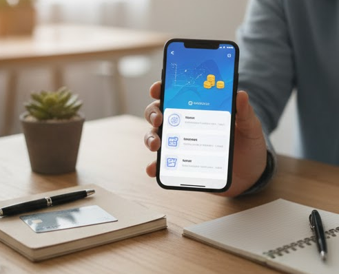 카페 책상 위에서 모바일 뱅킹 앱으로 비대면 비상금 대출 금리를 비교하는 모습