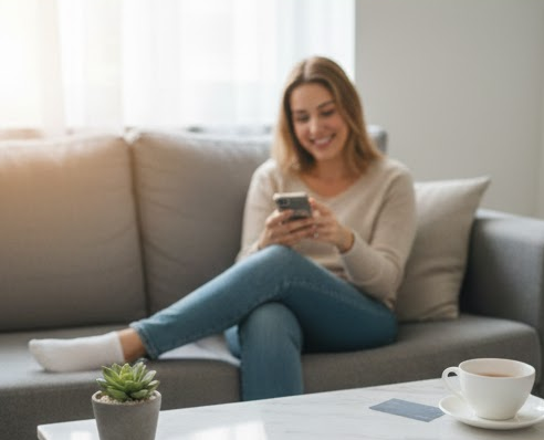 집에서 편안하게 스마트폰으로 서류 없이 비상금 대출을 신청하고 기뻐하는 사용자