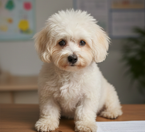 복잡한 펫보험 청구 서류와 영수증 앞에 앉아 있는 흰색 말티즈 강아지